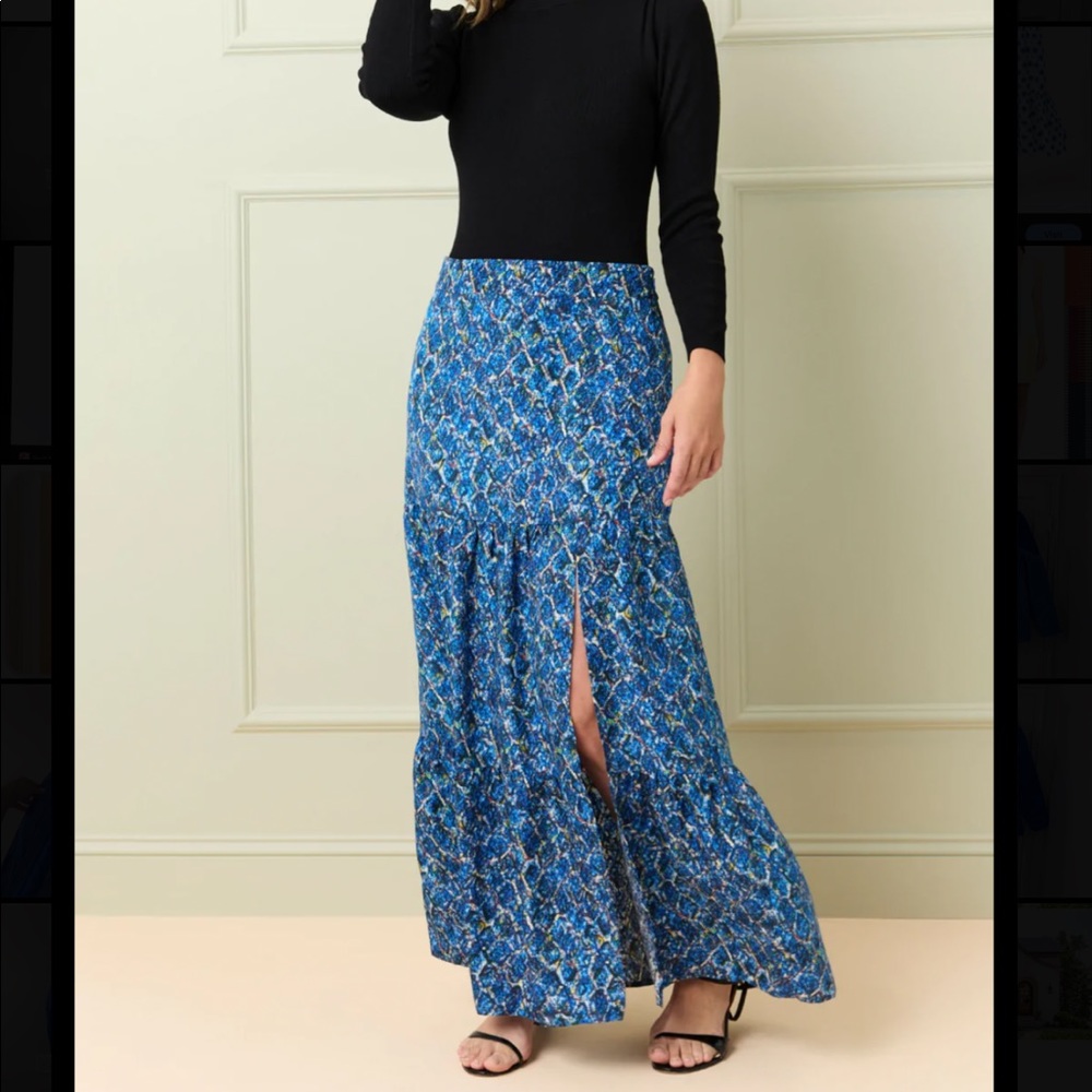 Marie Oliver Blue Silk Maxi Skirt with Slit